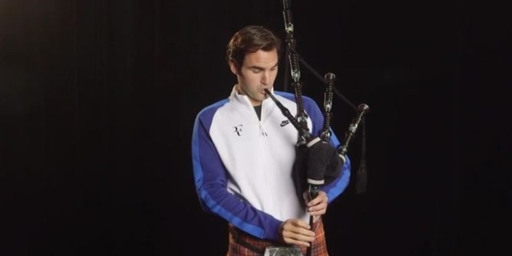 Con pollera escocesa y gaita, Federer promocion&oacute; un partido ben&eacute;fico