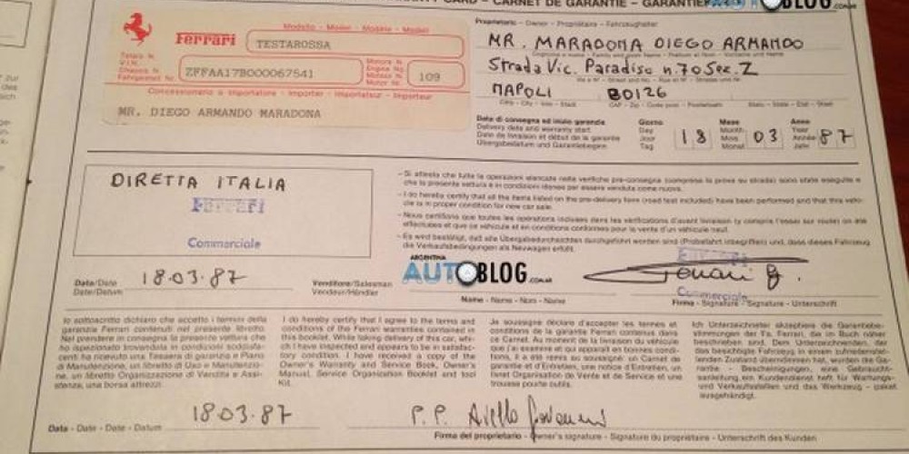 Se vende una Ferrari Testarossa que perteneci&oacute; a Maradona