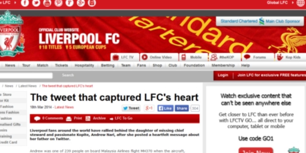 El Liverpool se une a las oraciones por los desaparecidos del avi&oacute;n malayo