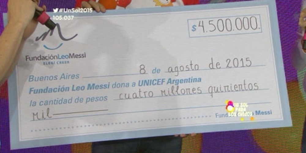 Lionel Messi don&oacute; 4.5 millones de pesos a UNICEF Argentina