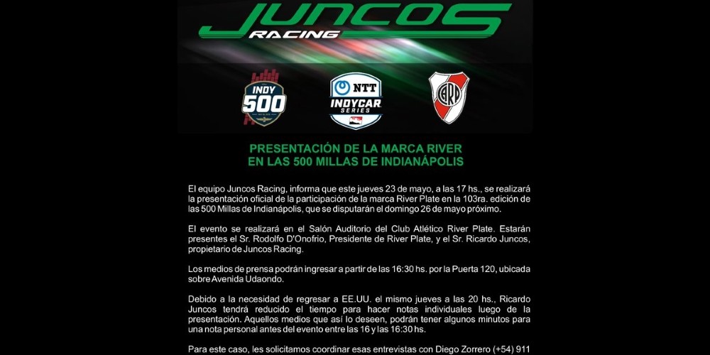 River será representado en el Indy 500 con un auto que llevará sus colores y escudo