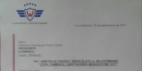 Jorge Wilstermann y una pol&eacute;mica carta a la CONMEBOL tras el cambio de &aacute;rbitros para el encuentro