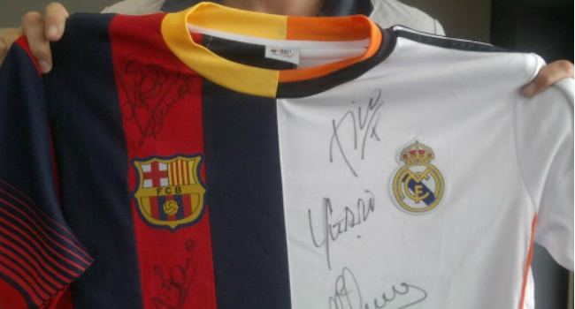 Camiseta mitad barça mitad madrid Clearance